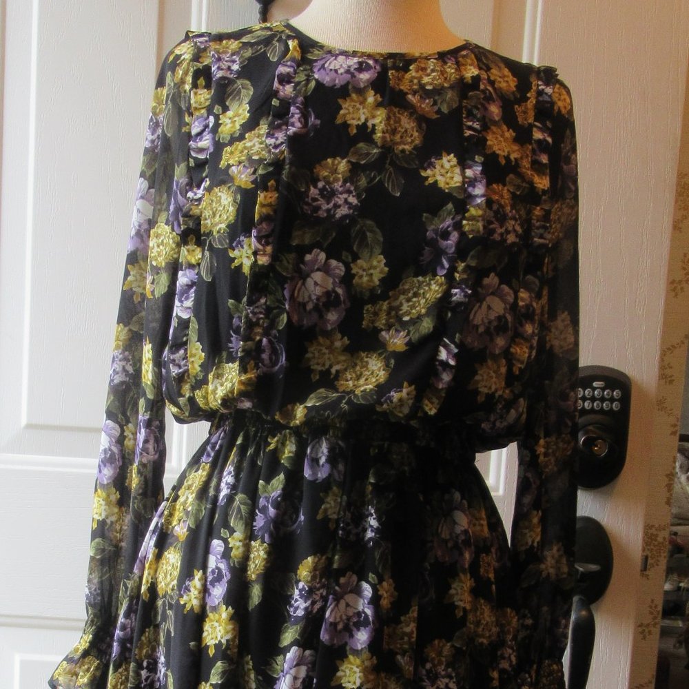 New Melloday Whimsigoth Flowy Floral Chiffon Midi Dress w. Smocked waist sz Sm